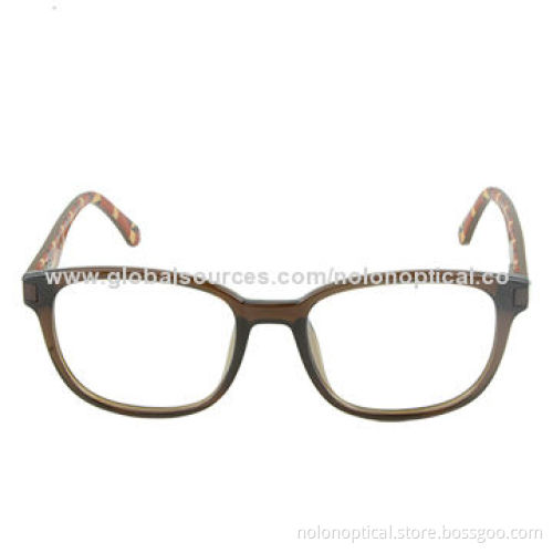 Brown Eyeglasses with Uneven Pattern Arms, Clear Demo Lens